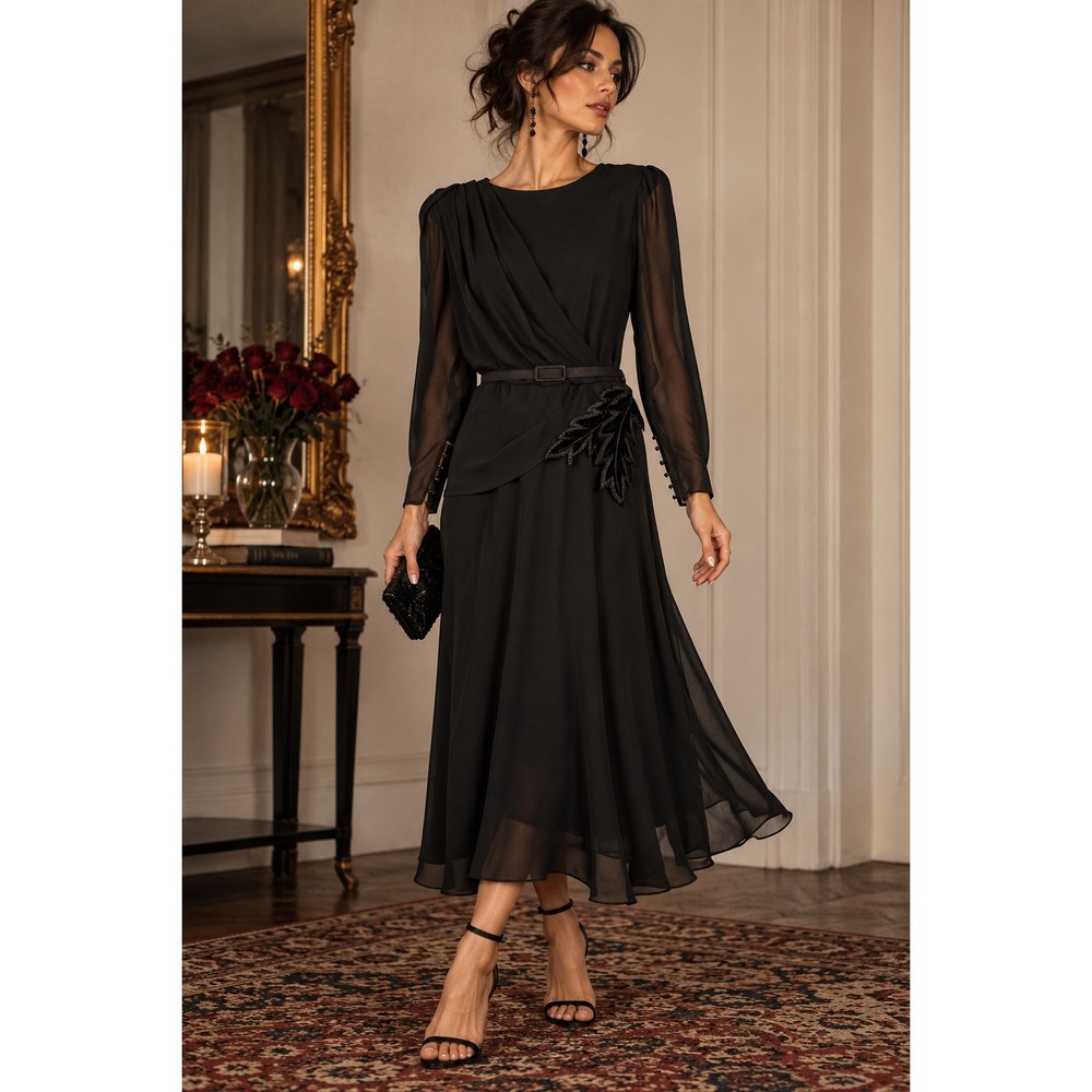 Goth Dark Romantic 80s Black Chiffon Formal Dress Ursula XS Oversized